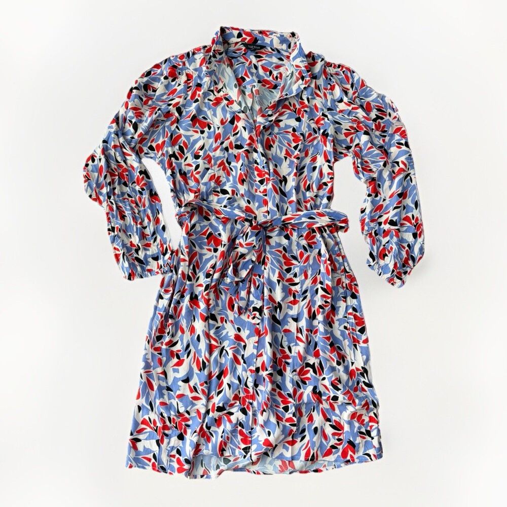 Well Worn Women's Crepe Midi Shirt Dress Red Abstract Floral Tie Belt Size L